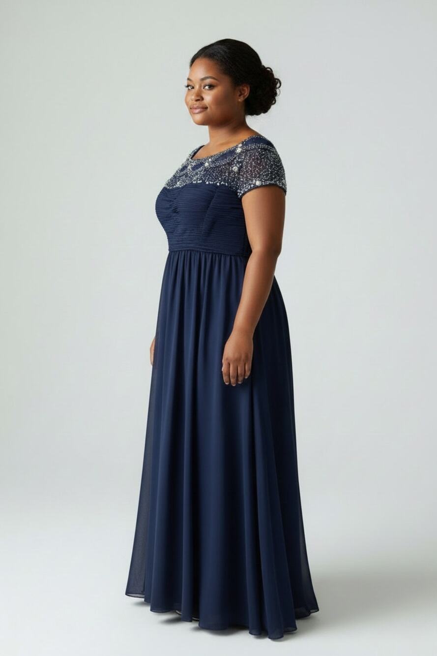 Size 14 Navy Blue Beaded Bodice Formal Evening Gown Short Sleeve Dress
